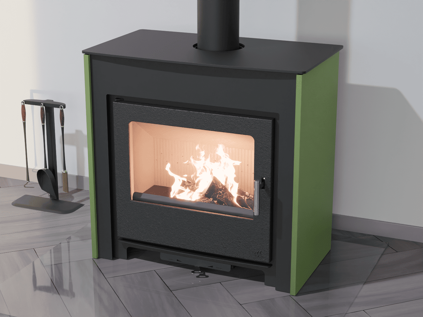 2101_Fireplace stove with heat exchanger_Reseda Green_KamnaSchejbal_Kamna Schejbal_Kamnazvyroby_přední pohled