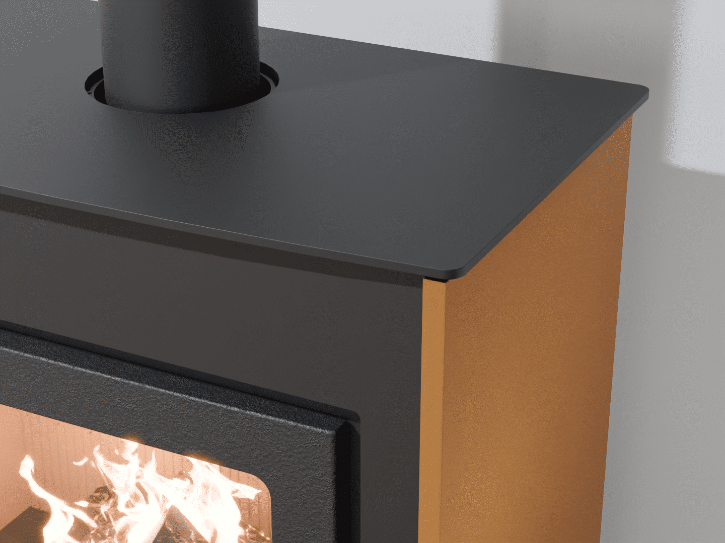 2101_Fireplace stove with heat exchanger_Yellow Orange_KamnaSchejbal_Kamna Schejbal_Kamnazvyroby_detail pravý bok