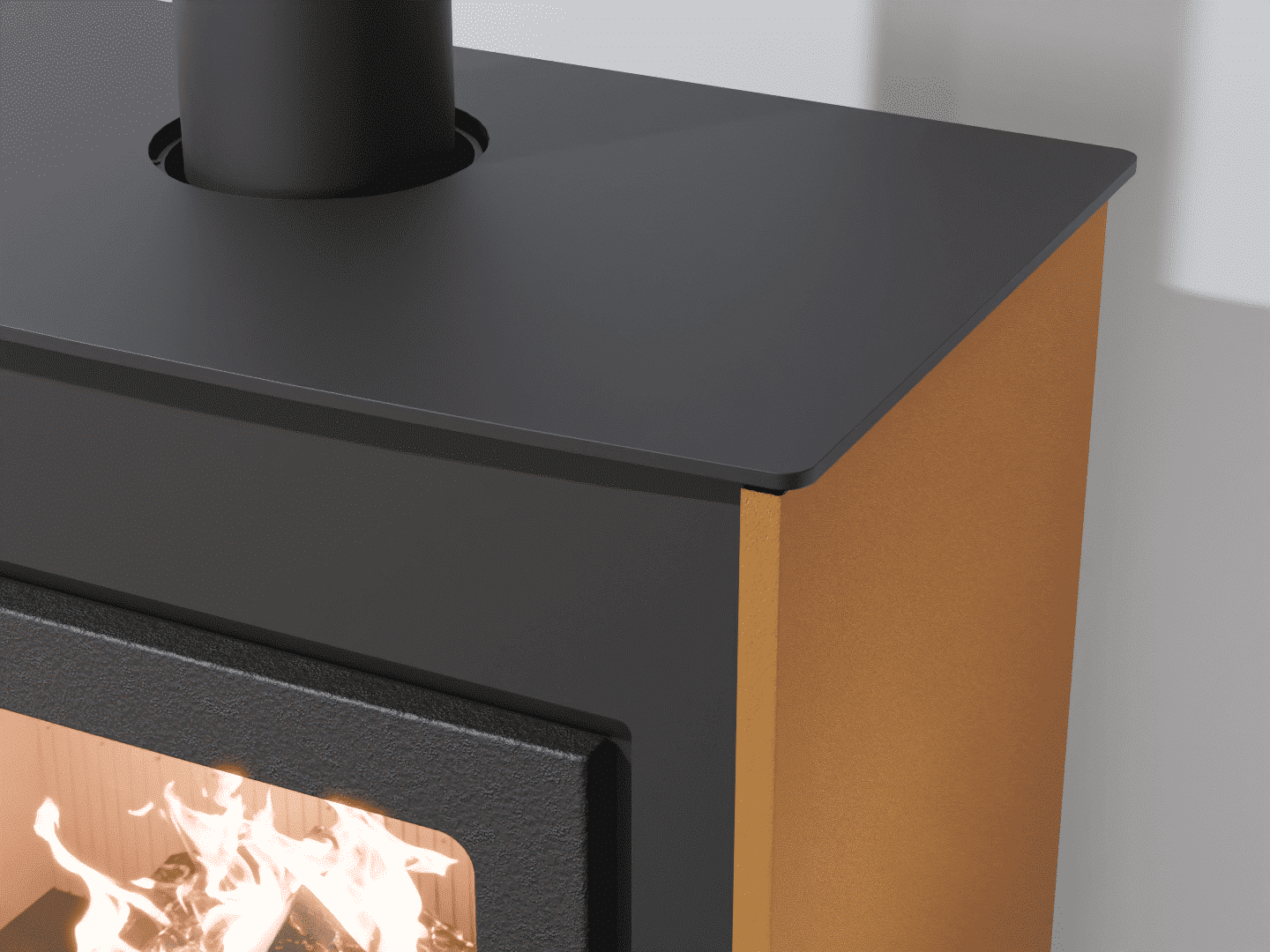 2103_Fireplace stove with heat exchanger_Yellow Orange_KamnaSchejbal_Kamna Schejbal_Kamnazvyroby_detail pravý bok